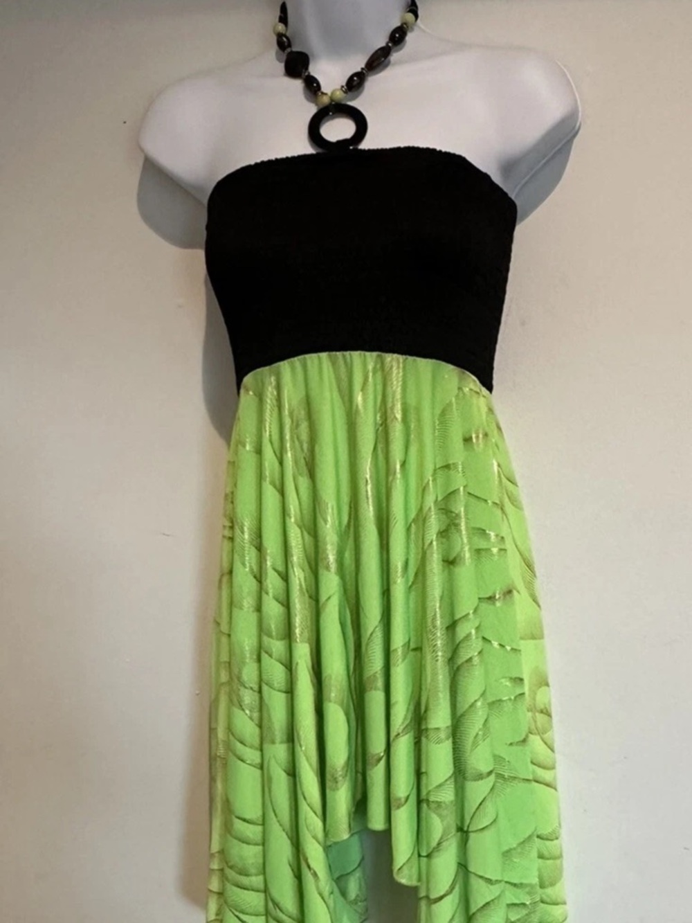 Strapless Black & Lime Green Two-Tone Hi-Low Dress OSFM RIMA